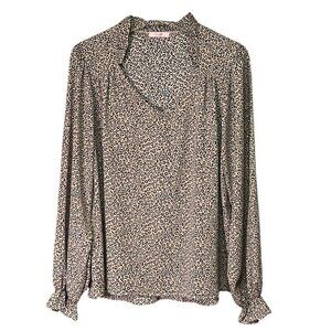 P.S. Love Leopard Print Ruffle Trim Blouse Beige Black Size Large